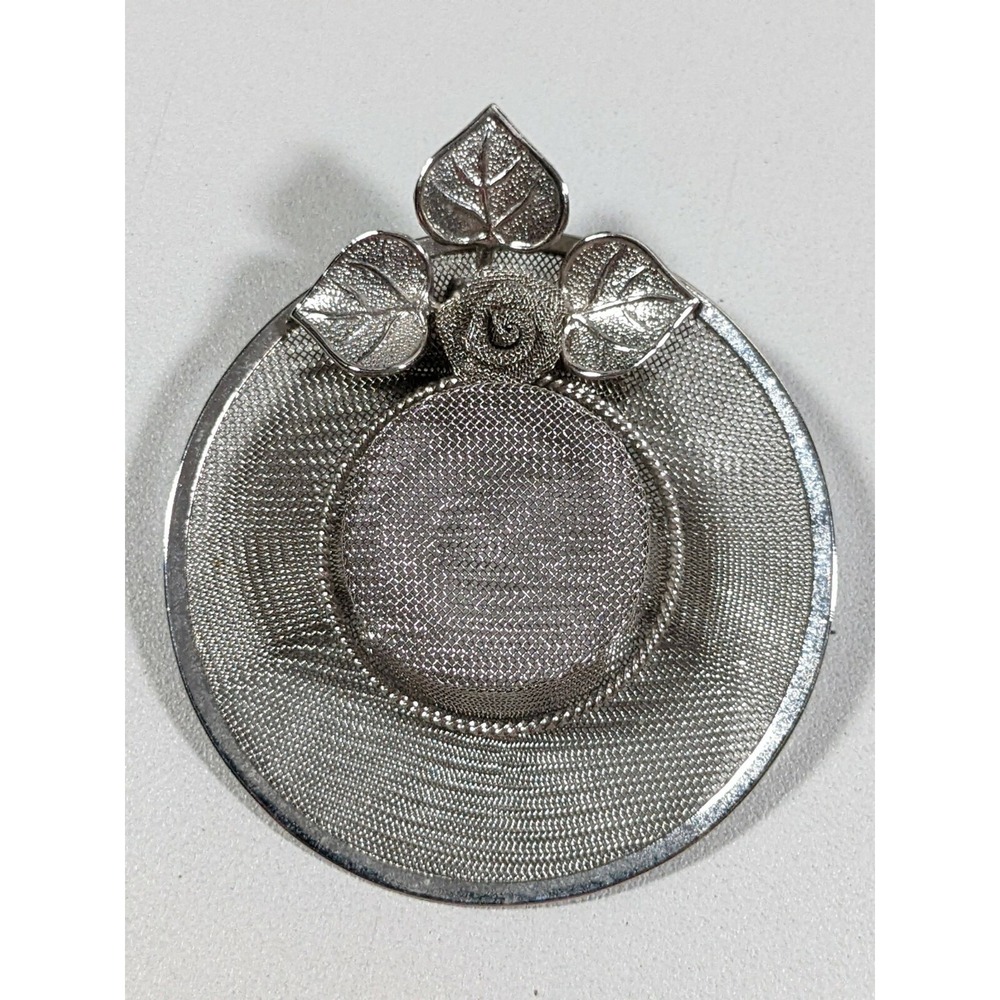 Vintage Silver‎ Tone Mesh Sun Hat Brooch | Floral Rose Accent Figural Pin